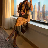 Women'S Backless Holiday Dresses Irregular Pleated Design Slim Party Dress Sexy Sleeveless Solid Color Summer Long Dress