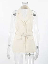Summer New Casual Belt Women Blazer Fashion Lapel Single Breasted Sleeveless Female Top Solid Pleated Lady Streetwear