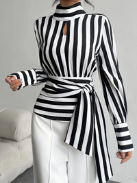 Fashion Baggy Stripes Women Blouse Elegant High Collar Long Sleeve Shirts and Blouses Vintage Girdle Lace-Up Top Women Clothes