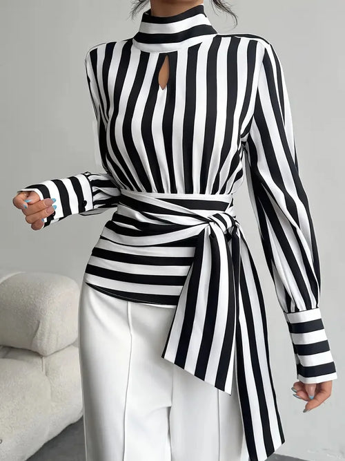 Fashion Baggy Stripes Women Blouse Elegant High Collar Long Sleeve Shirts and Blouses Vintage Girdle Lace-Up Top Women Clothes