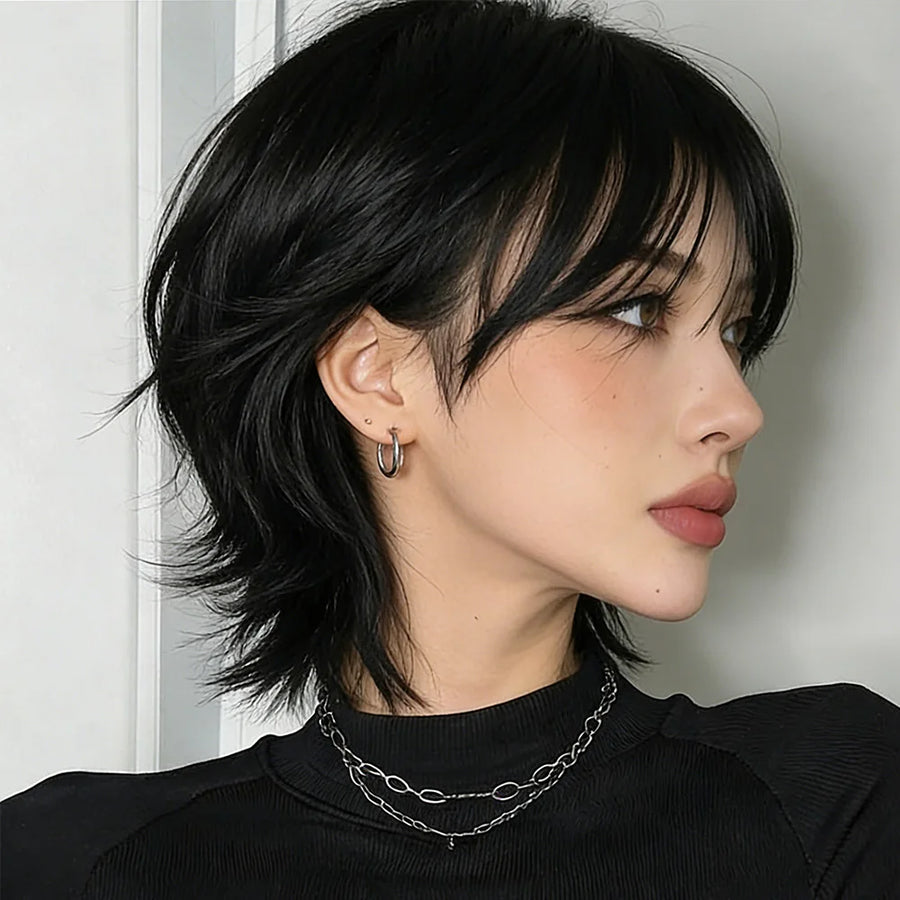 8-Inch Short Mullet Head Wigs with Bangs 100% Real Human Hair Women Black Short Hair Wig for Daily Party Machine Made