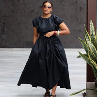 Two-Piece Skirt Set for Women Short Puff Sleeve Crop Top and High Waist Ruched Skirt Elegant Casual Flowy Outfit with Pockets