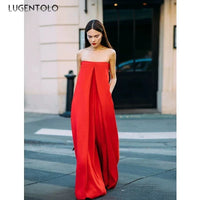 Sexy Breast Wrap Jumpsuit Women Red Summer Thin High Waist Pocket Lady Loose Elegant Wide Leg Pants Long Jumpsuits