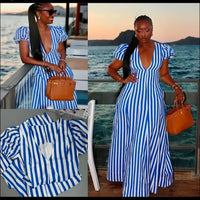 Sexy V-Neck Blue White Stripes Printed Long Dresses Elegant A-Line Slim Fit Short Sleeve Party Clubwear Women Dress