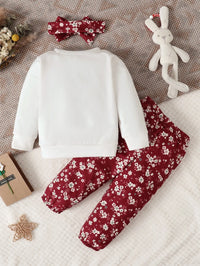 Spring and Autumn Baby Girl Rabbit Print Bow Front Pullover & Floral Print Pants & Headband