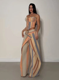 Sexy Women'S Sling Set Hollow Out Lace up Corset Wide Leg Pants Female Stripe Sets 2026 Summer High Street New Fashion Lady Suit