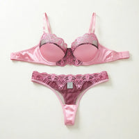 Pink Satin Lace Lingerie Set - Gathered Half-Cup Bra Thong Panties - Date-Oriented Sensual Women'S Lingerie ZA825289