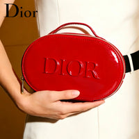’S Bag Luxury Glossy Bright Red Oval Handheld Makeup Organizer Pouch Patent Leather Embossed Logo Waterproof Travel Cos