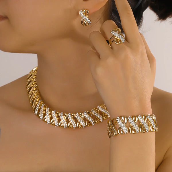 Fashion 18K Gold Plated Jewelry Set Dubai African Choker Necklace Earrings Rings Wedding Bridal Jewellery Sets for Women
