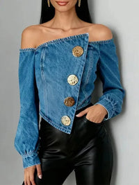 Yeezzi 2026 New Women'S off Shoulder Denim Blouse Fashion Washed Asymmetrical Button up Long Sleeves Streetwear Trendy Tops