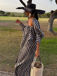 Elegant Stripe Long Dress Women Loose Full Sleeve off Shoulder Slash Neck Party Dresses Female 2026 Fashion Summer Robe
