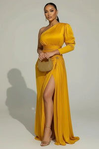Customized plus Size Formal One Shoulder Evening Dress for Women'S Split Hem Solid Satin Cocktail Wedding Guest Party Maxi Dress