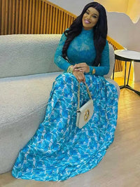 A Line Maxi Dress for Women Autumn Light Blue Long Sleeve Dress Slim Waist Mid-Turtleneck Chic Elegant Evening Dresses Ladies