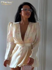 Fashion Loose Print Women'S Dress Sexy V-Neck Long Sleeve Mini Dresses Elegant Classic Pleated Female Dress Streetwear