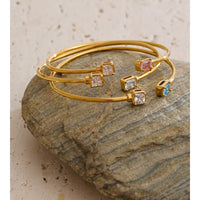 JINYOU 7705 Minimalist Open Cuff Bangle Stainless Steel PVD Real Gold Plated Square Blue White Cubic Zirconia Dainty Bangle