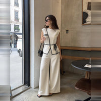 Women Matching Sets Summer Tie Waist Wide Leg Pants Suit Sleeveless Wrap Blazer Top Loose Straight Long Trousers Cozy Outfit