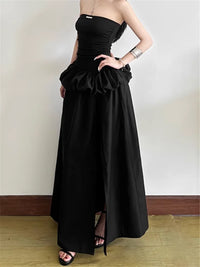 Strapless Hepburn Style Elegant All Black Long Evening Party Dress New Summer Slash Neck Fake 2 Pieces High Split Cocktail Dress