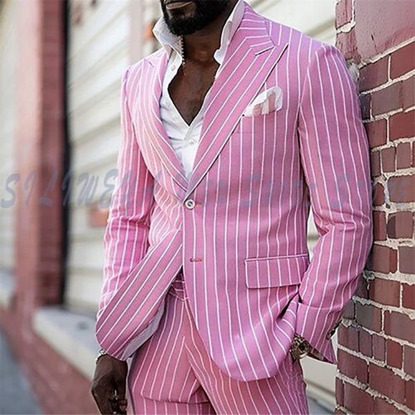 Pink Pinstripe Single Breasted Gentleman Formal Suit 2 Piece Set Jacket Pants Wedding Groomsman Tuxedos Slim Fashion Trousers