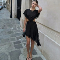 Lace Dress Asymmetrical Satin Dresses for Woman Summer Black Green Midi Vestido Elegant Party Hollow Out Evening Gowns