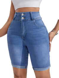 2025 Spring New High Waist Knee Length Denim Shorts for Women Fashion Casual Summer Stretch Tight Rolled up Jeans Shorts