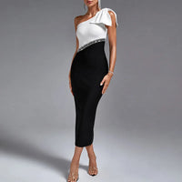 Elegant Slant Neck off Shoulder Dress Trendy Color Blocking Backless Evening Dress Sexy Hot Diamond Split Sleeveless Waist Dress