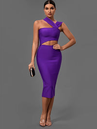 Summer One Shoulder Cut Out Midi Bodycon Dress for Women Bandage Dress Purple Elegant Cocktail Evening Night Out Party Dress Sex