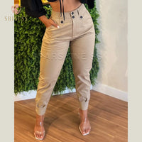 Women'S Pants High Waist Fashion Temperament Commuting Trousers Ankle Length Khaki Button Pencil Pants Trendy Versatile Pants