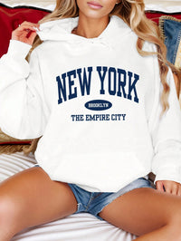 New York Text Pattern Pocket Drawstring Hoodie Fleece Warm Hoodies Long Sleeve Tops Autumn Fashion Hoody Casual Loose Streetwear