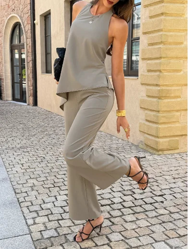 Two Piece Set Women Outfit 2026 Spring Summer New Solid Color Halter Backless Irregular Vest & High Waist Casual Pants Set