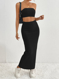 Spring Summer Fashion Casual Ribbed Knit Solid Color Tube Top and Split High-Waist Skirt
