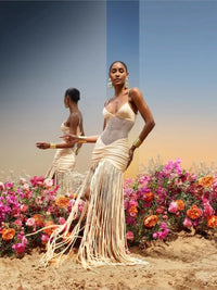 Tassel Hem Splicing Sling Dress Women Sexy Waist Hollow Out Stretch Pleated Bodycon Dresses Female Solid Summer Beach Party Robe