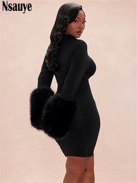 Faux Fur Long Sleeve Elegant New Fashion Casual Basic Pullover Black Dress Women Mini Sexy Club Evening Party Dress 20026