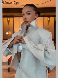 Fashion Solid Two-Piece Set Women'S Lapel Single Breasted Back Lace up Shirt Loose Pants 2026 Summer New Lady Casual Outfit