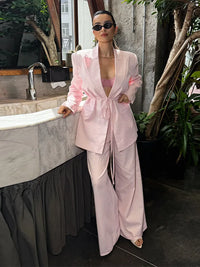 Pink Drawstring Waisted Two Piece Set Structured Shoulder Lapel Collar Jacket Wide Leg Pants 2026 Autumn Commute Fashion Outfits