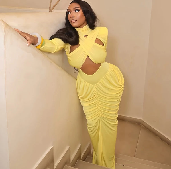 Women'S High Neck Solid Full Sleeve Hollow Out Ruched Maxi Dress New Arrivals 2026 Streetwear Sexy Party Birthday Long Dresses