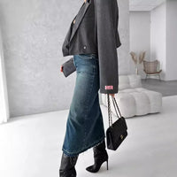Streetwear Women Vintage Denim Long Skirt Slim High Waist Washed Distressed Button Pockets a Line Casual Female Split Skirts