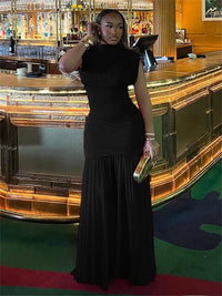 Mesh Patchwork Dress Woman Turtleneck Sleeveless Skinny High Waist Wrap Hip Midnight Prom Party Ruched Elegant Vestidos