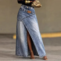 Skirt for Women 2026 Spring Autumn New Solid Color High Waisted Irregular Slit Streetwear Casual Denim A-Line Long Skirt