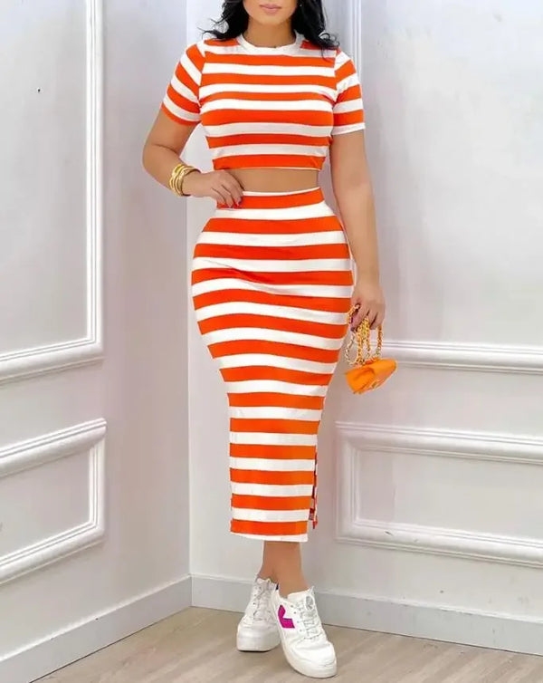 Ensemble 2 Pièces Femme Rayé Crop Top & Jupe Fendue