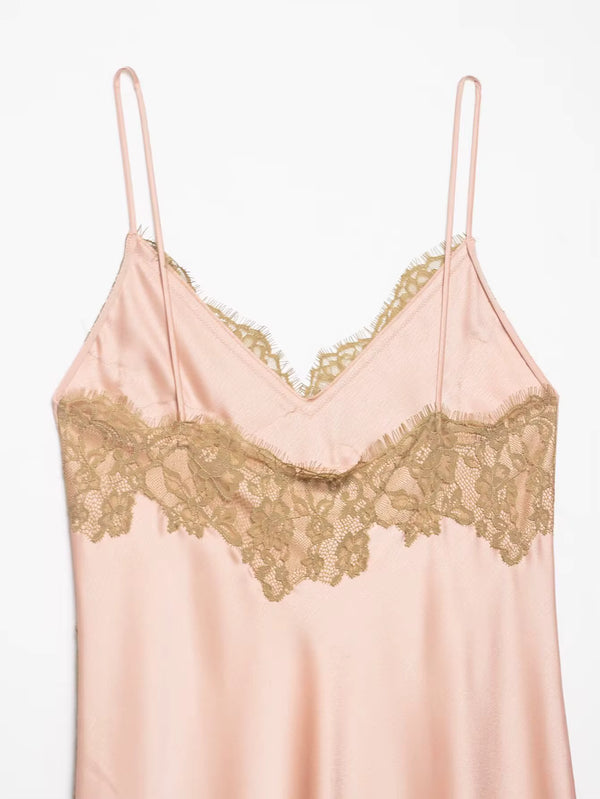 Robe Satinée Femme Dentelle Bretelles Asymétrique