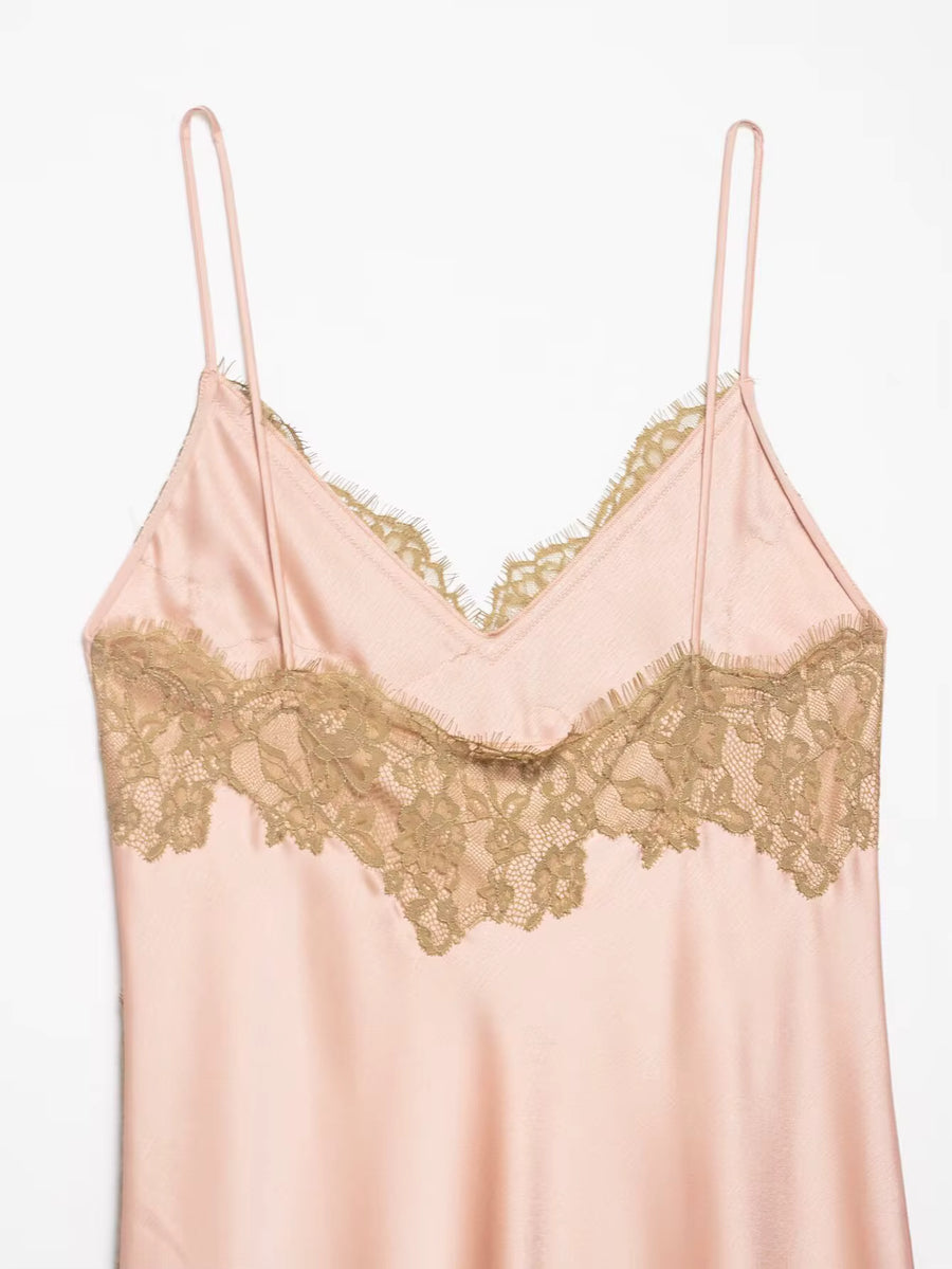 Robe Satinée Femme Dentelle Bretelles Asymétrique