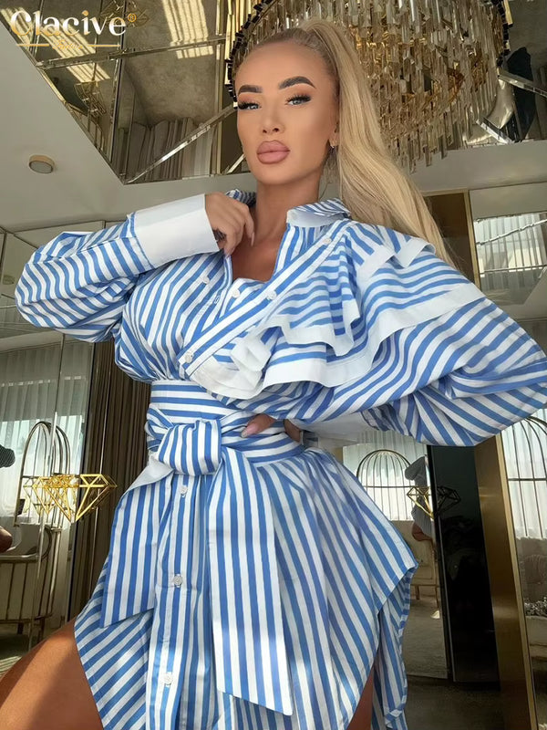 Robe chemise rayée bleue femme élégante chic avec ceinture