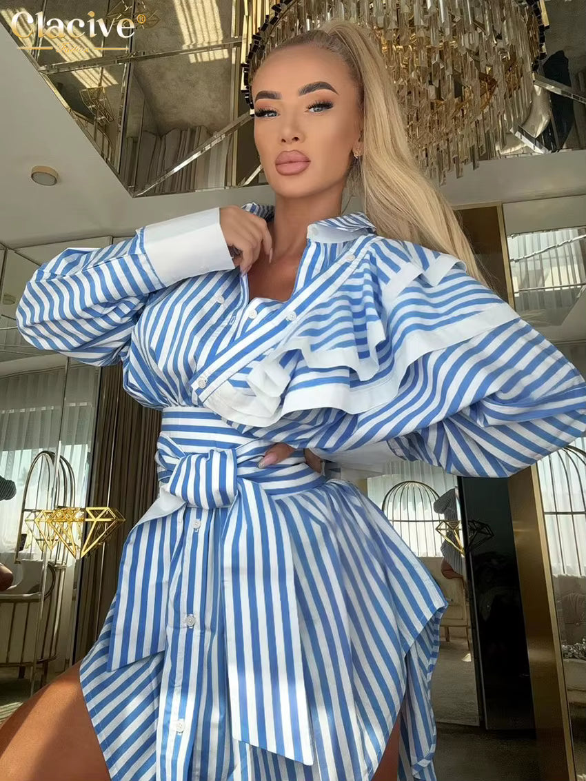 Robe chemise rayée bleue femme élégante chic avec ceinture