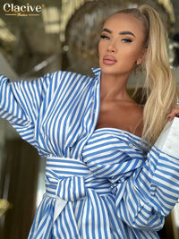 Robe chemise rayée bleue femme élégante chic avec ceinture